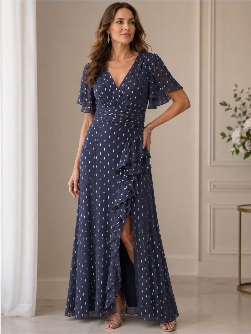 SLNY Metallic Dot Ruffle Maxi Dress Size 14 NWT Formal Evening Gown